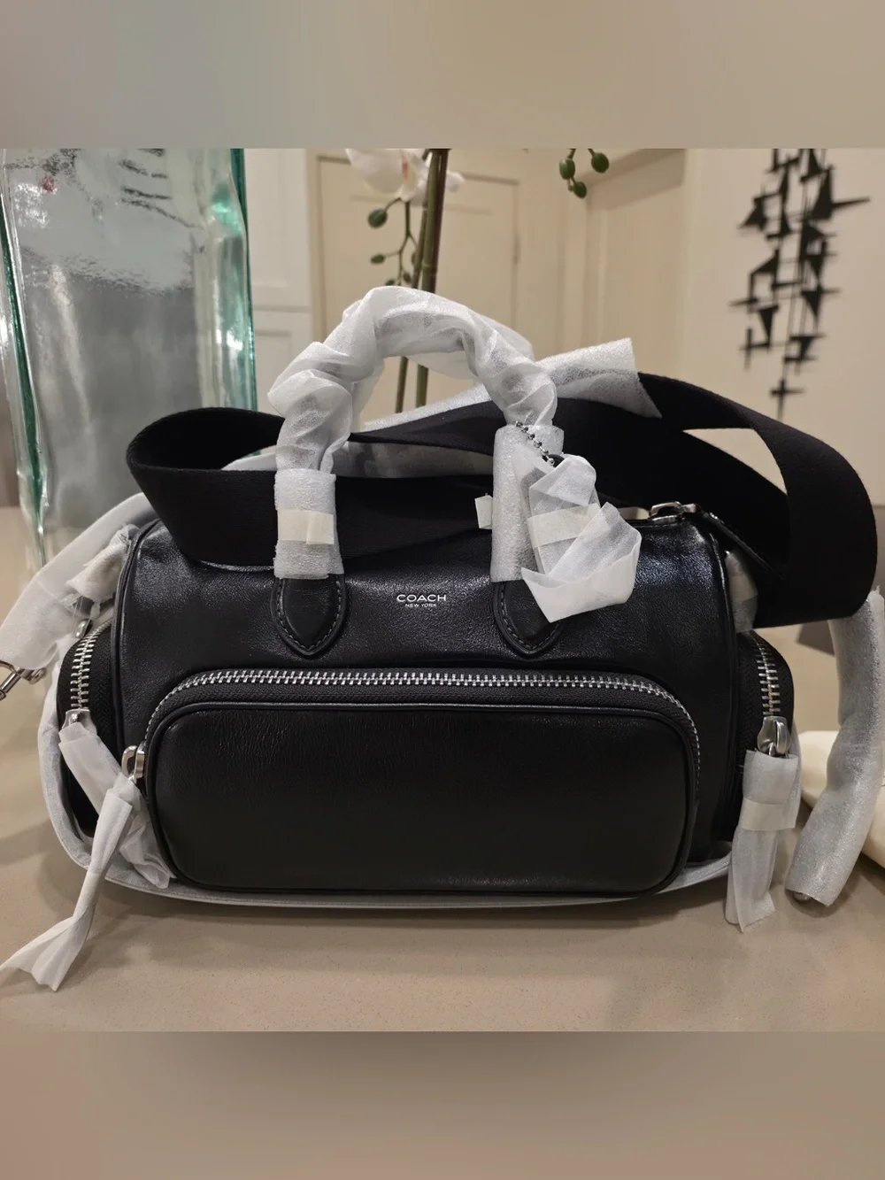 Coach Compass 25 with Pockets in Black Glazed Leather